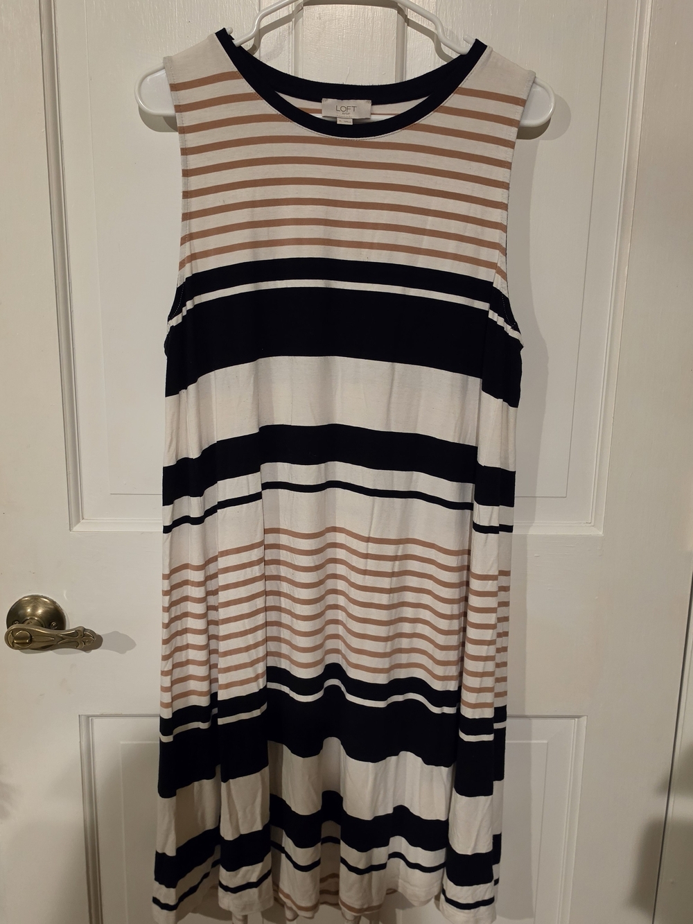 LOFT Sleeveless Striped Swing Dress in Beige, Black & White